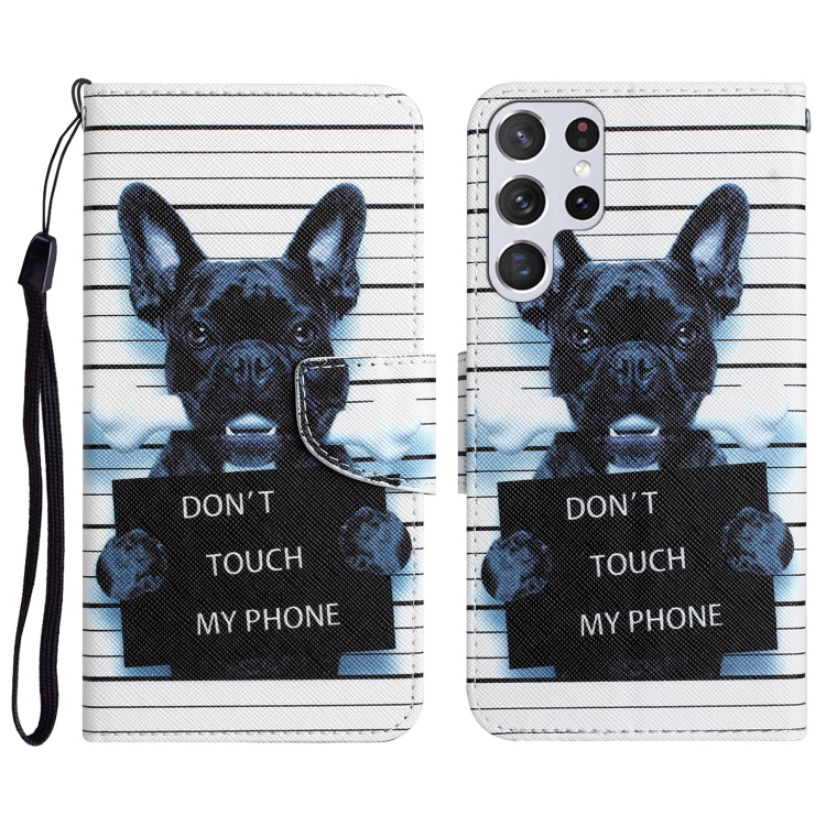 

For Samsung Galaxy S22 Ultra 5G Colored Drawing Leather Phone Case(Black Dog)