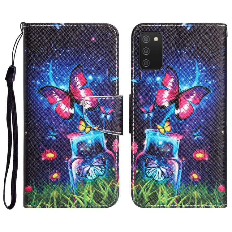 

For Samsung Galaxy A02s Colored Drawing Leather Phone Case(Bottle Butterfly)