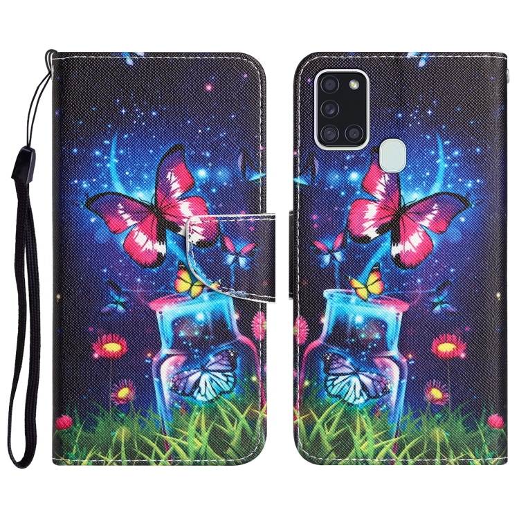 

For Samsung Galaxy A21s Colored Drawing Leather Phone Case(Bottle Butterfly)