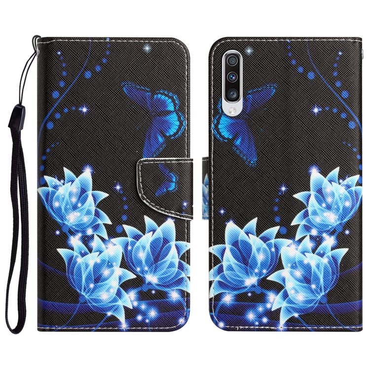 

For Samsung Galaxy A50 Colored Drawing Leather Phone Case(Blue Butterfly)
