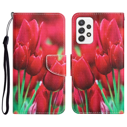 

For Samsung Galaxy A52 5G / 4G Colored Drawing Leather Phone Case(Tulips)