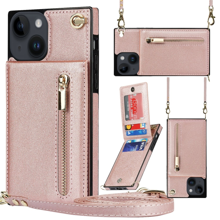 

Cross-body Zipper Square Phone Case with Holder For iPhone 14 Plus(Rose Gold)