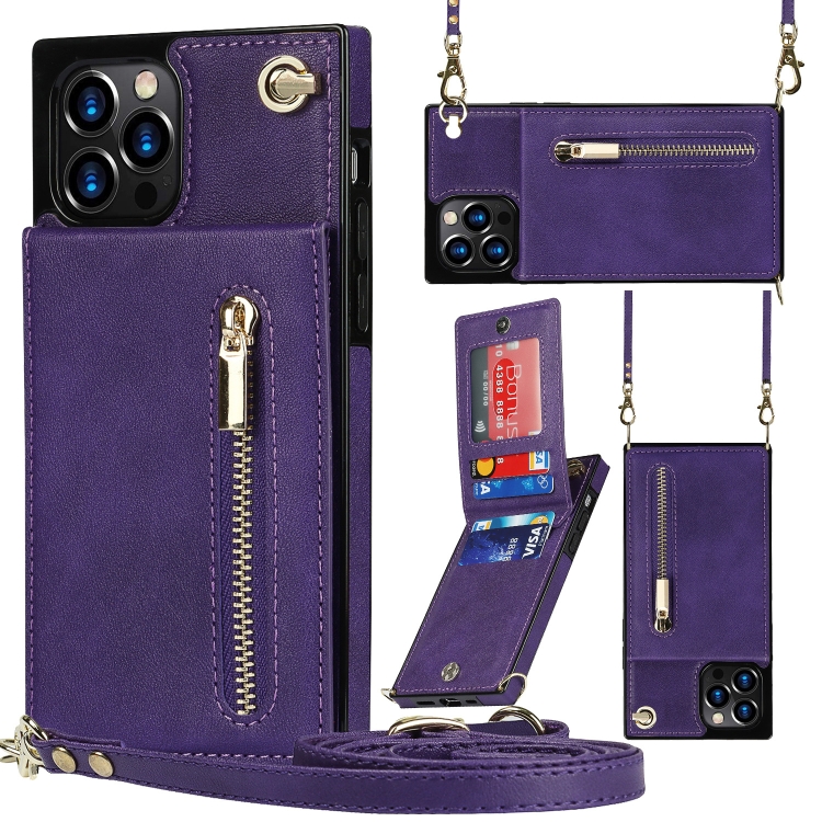 

For iPhone 14 Pro Cross-body Zipper Square Phone Case with Holder(Purple)