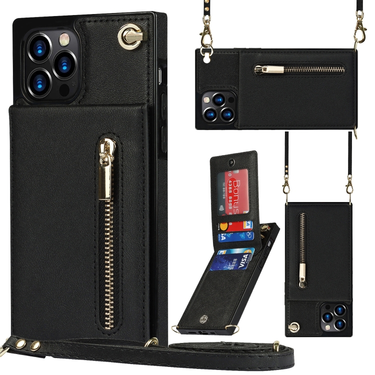 

For iPhone 14 Pro Max Cross-body Zipper Square Phone Case with Holder (Black)