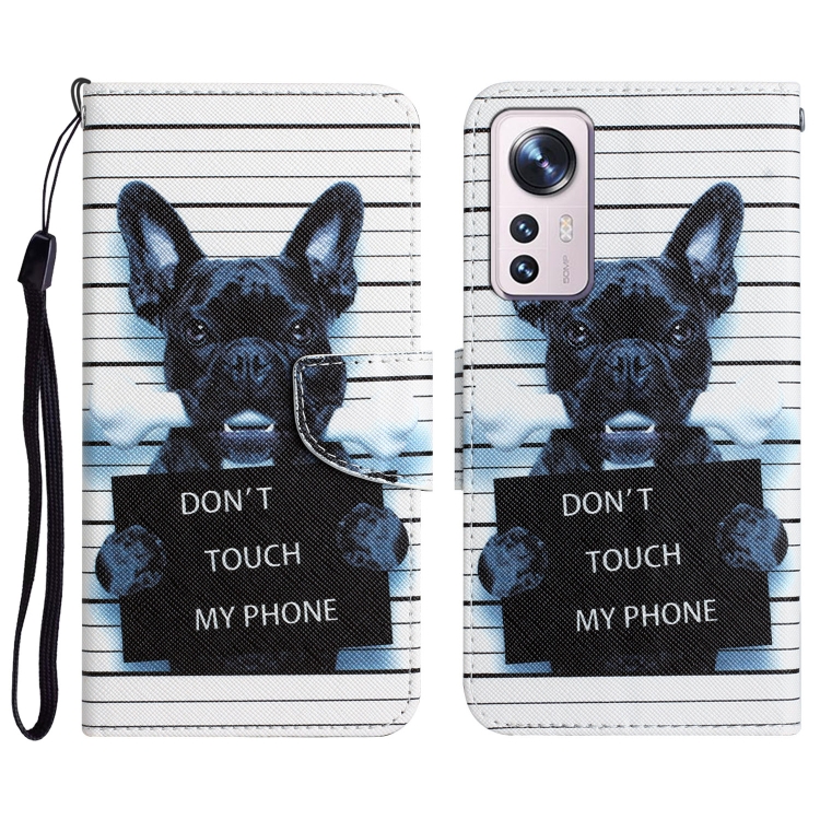 

For Xiaomi 12 Lite Colored Drawing Leather Phone Case(Black Dog)
