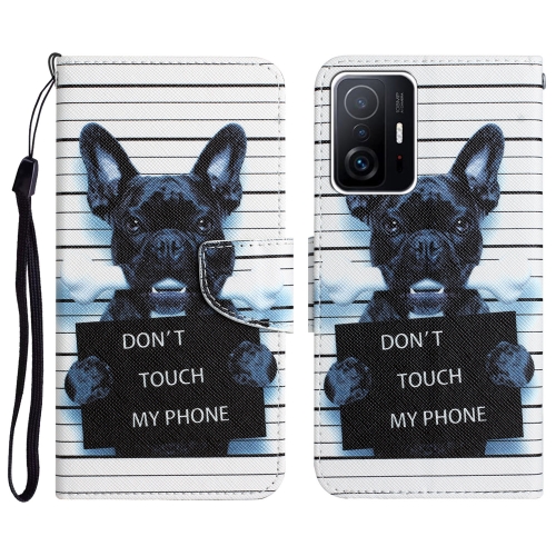 

For Xiaomi 11T Colored Drawing Leather Phone Case(Black Dog)