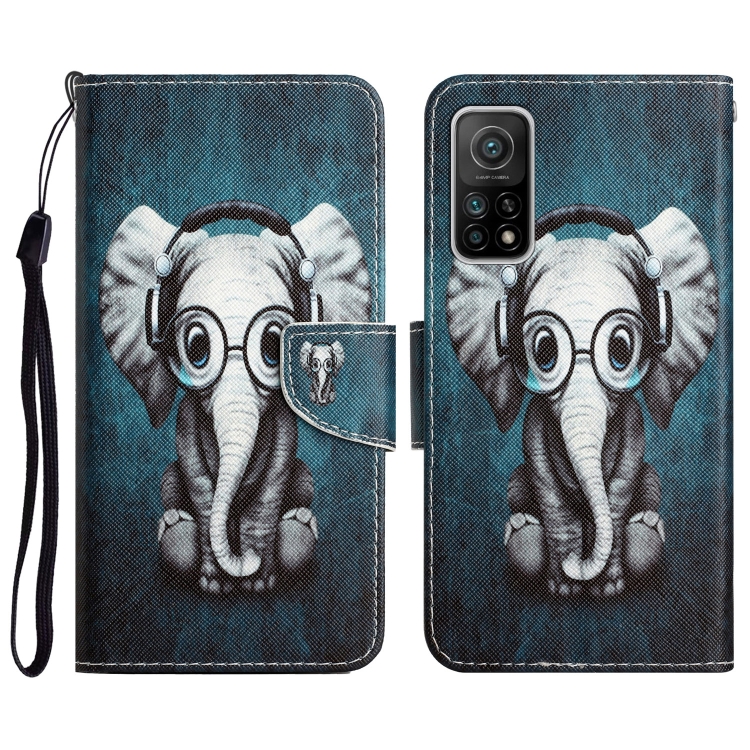 

For Xiaomi Mi 10T 5G Colored Drawing Leather Phone Case(Earphone Elephant)