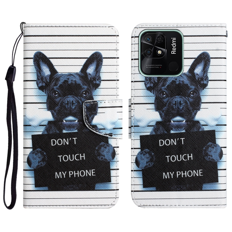 

For Xiaomi Redmi 10C Colored Drawing Leather Phone Case(Black Dog)