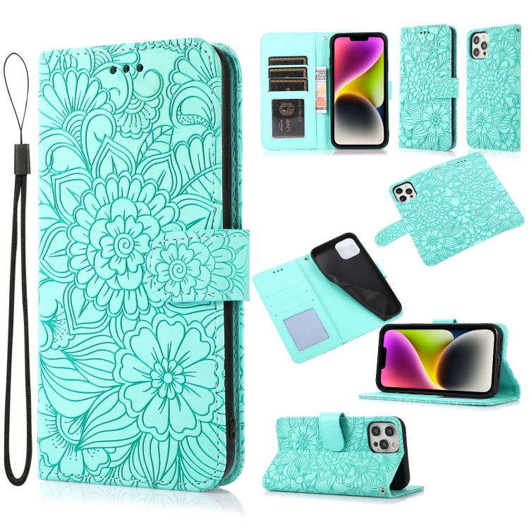 

For iPhone 13 Pro Max Skin Feel Embossed Sunflower Horizontal Leather Case (Green)