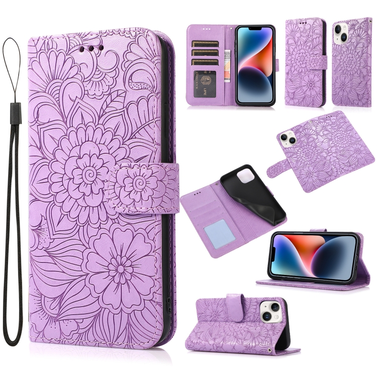 

For iPhone 14 Skin Feel Embossed Sunflower Horizontal Leather Case (Purple)