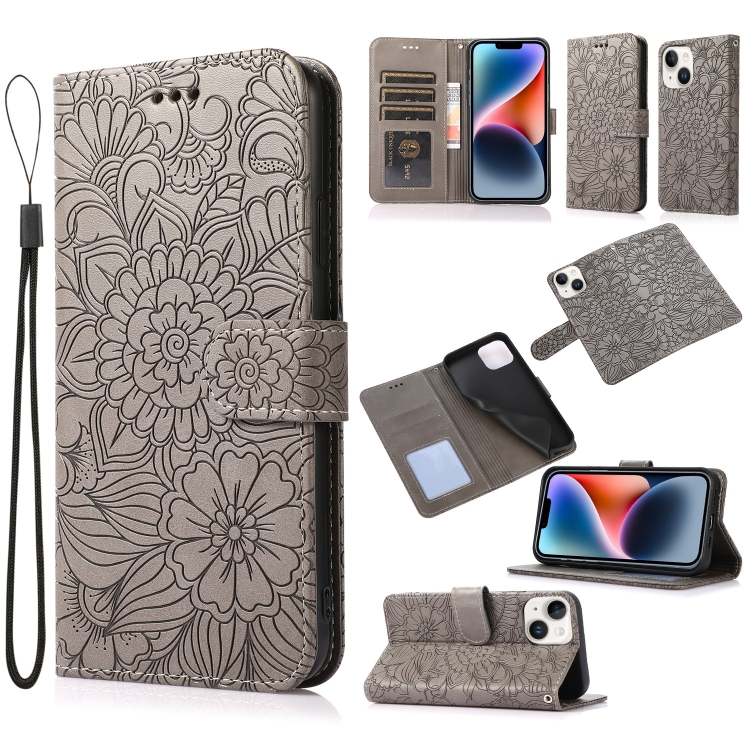 

For iPhone 14 Skin Feel Embossed Sunflower Horizontal Leather Case (Gray)