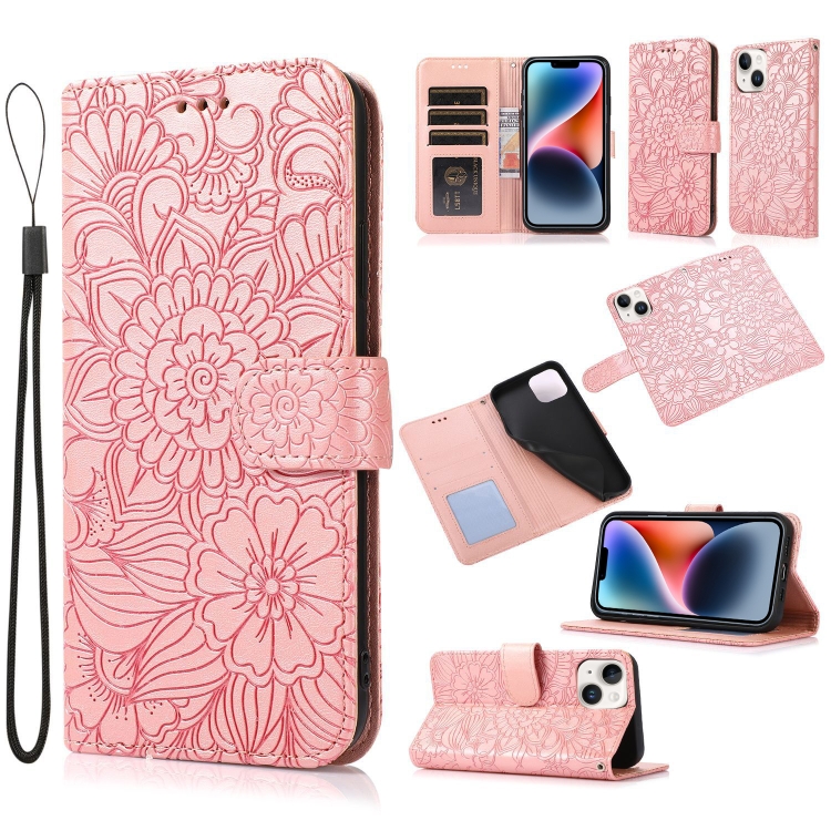 

For iPhone 14 Plus Skin Feel Embossed Sunflower Horizontal Leather Case (Rose Gold)