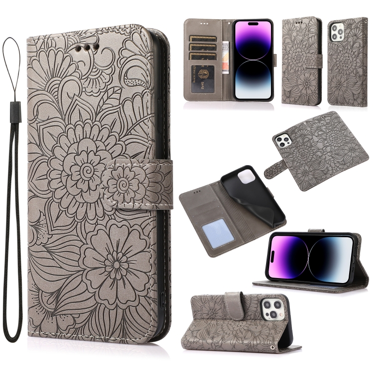 

For iPhone 14 Pro Max Skin Feel Embossed Sunflower Horizontal Leather Case (Gray)