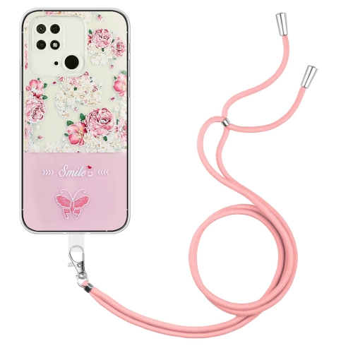 

For Xiaomi Redmi 10C Bronzing Butterfly Flower TPU Phone Case with Lanyard(Peony)