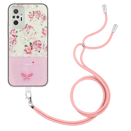 

For Xiaomi Redmi Note 10 Pro Max / Note 10 Pro Bronzing Butterfly Flower TPU Phone Case with Lanyard(Peony)