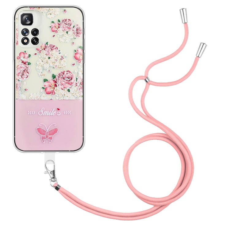 

For Xiaomi Redmi Note 11 Global Bronzing Butterfly Flower TPU Phone Case with Lanyard(Peony)