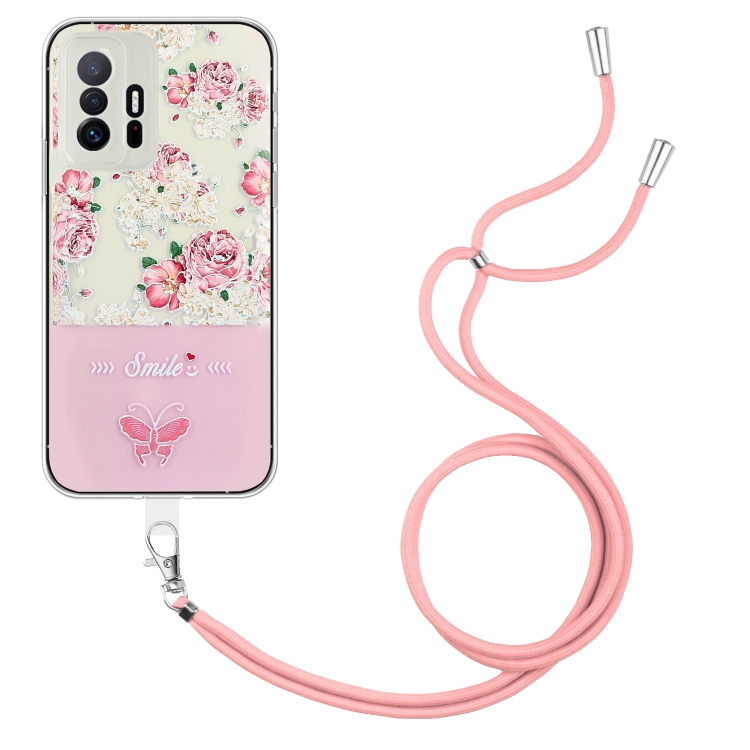 

For Xiaomi Mi 11T / 11T Pro Bronzing Butterfly Flower TPU Phone Case with Lanyard(Peony)