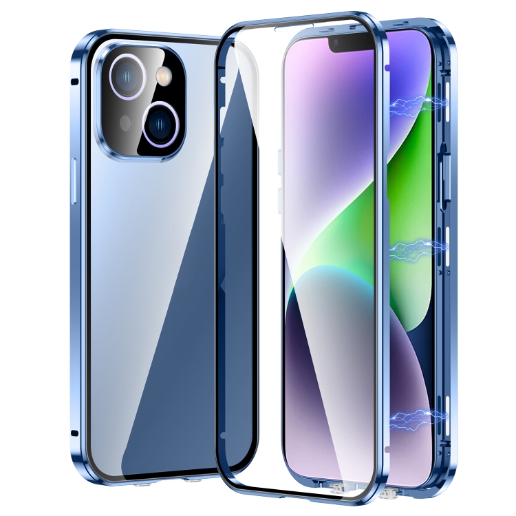

For iPhone 14 Magnetic Double-buckle HD Tempered Glass Phone Case (Blue)