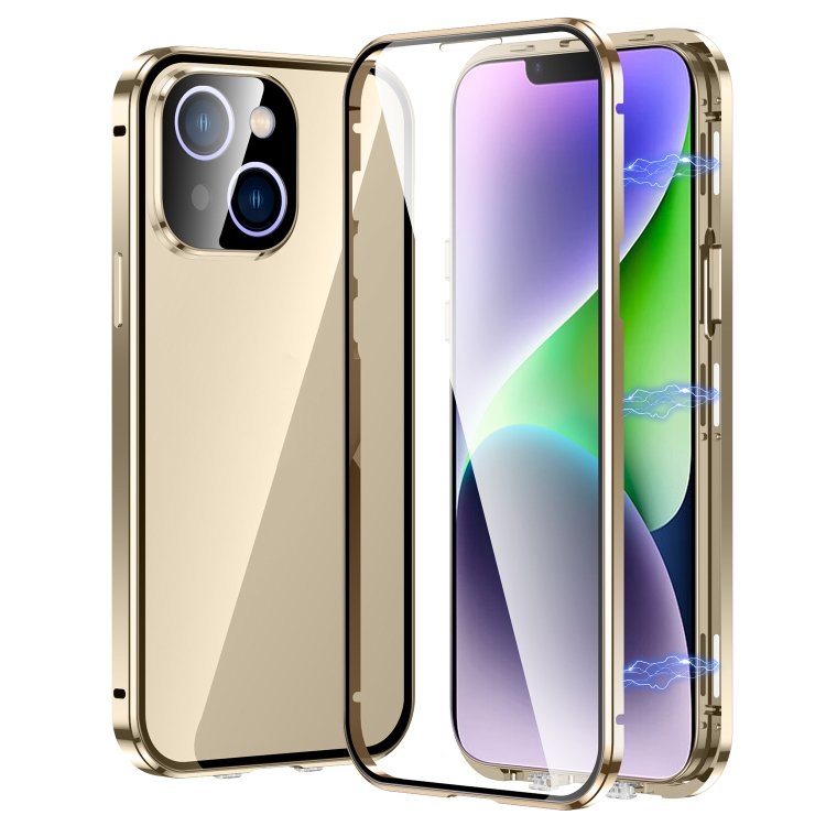 

For iPhone 14 Plus Magnetic Double-buckle HD Tempered Glass Phone Case (Gold)