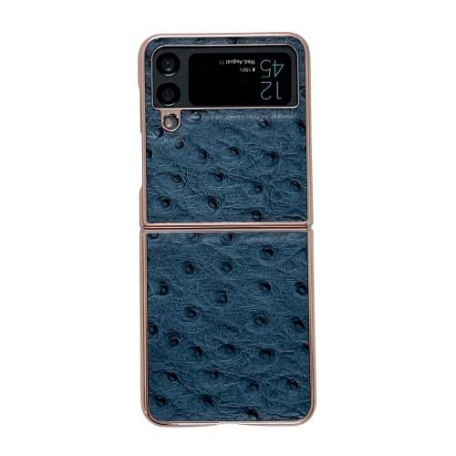 

For Samsung Galaxy Z Flip4 5G Genuine Leather Ostrich Texture Nano Electroplating Phone Case(Blue)