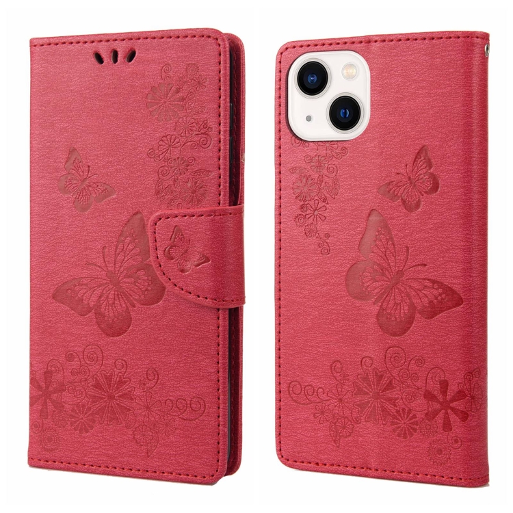

For iPhone 14 Butterfly Embossed Horizontal Flip Leather Phone Case (Red)
