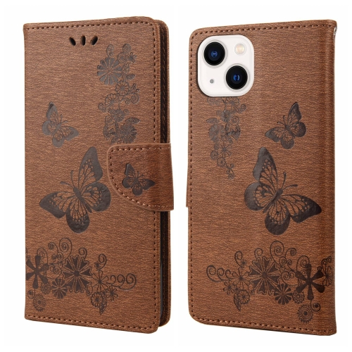 

For iPhone 14 Plus Butterfly Embossed Horizontal Flip Leather Phone Case (Brown)