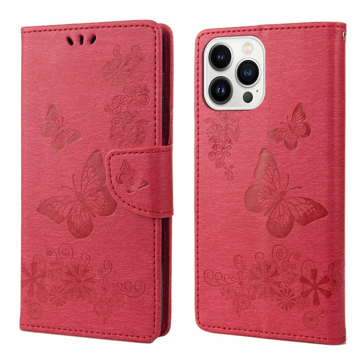 

Butterfly Embossed Horizontal Flip Leather Phone Case For iPhone 14 Pro(Red)