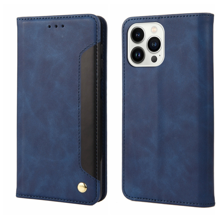 

Skin Feel Splicing Leather Phone Case For iPhone 14 Pro Max(Blue)