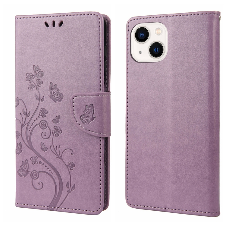 

For iPhone 14 Butterfly Flower Pattern Flip Leather Phone Case (Light Purple)