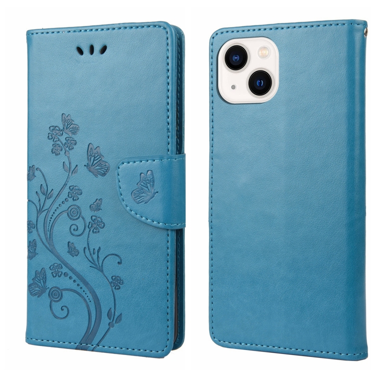 

For iPhone 14 Butterfly Flower Pattern Flip Leather Phone Case (Blue)