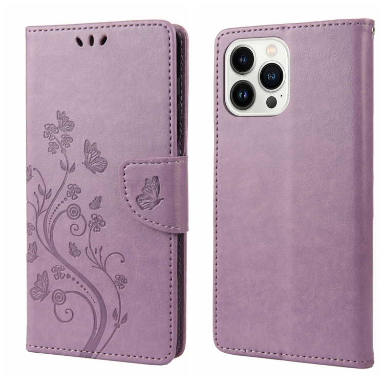 

For iPhone 14 Pro Butterfly Flower Pattern Flip Leather Phone Case(Light Purple)