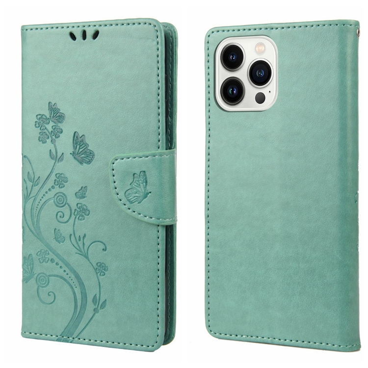 

For iPhone 14 Pro Max Butterfly Flower Pattern Flip Leather Phone Case (Green)