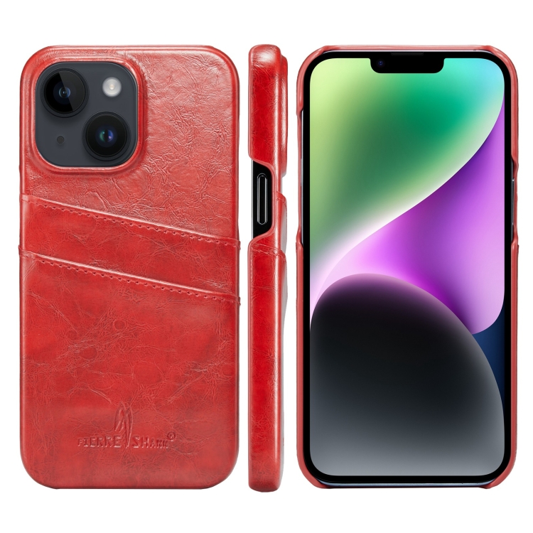 

For iPhone 14 Plus Fierre Shann Retro Oil Wax Texture PU Leather Case with Card Slots (Red)