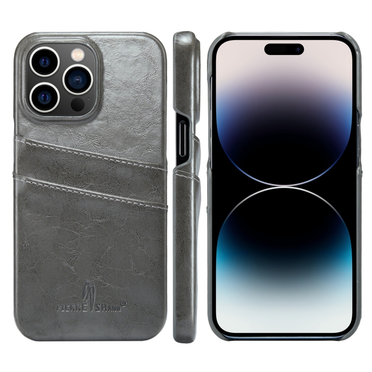 

Fierre Shann Retro Oil Wax Texture PU Leather Case with Card Slots For iPhone 14 Pro(Grey)