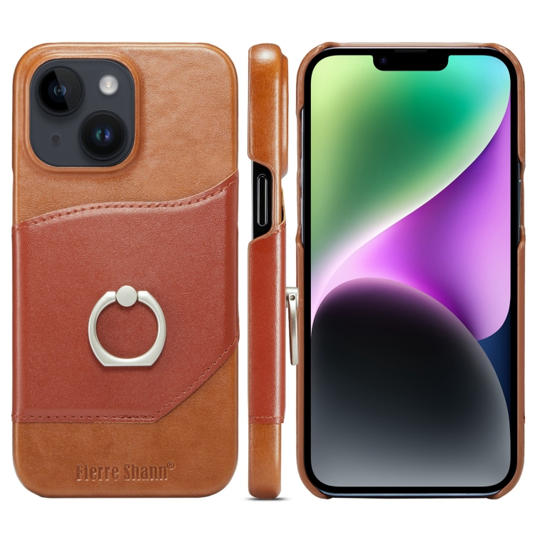 

For iPhone 14 Fierre Shann Oil Wax Texture Genuine Leather Back Case (Brown)