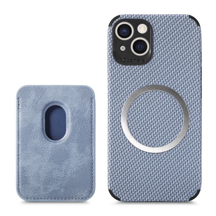 

For iPhone 14 Carbon Fiber Leather Card Magsafe Case (Blue)