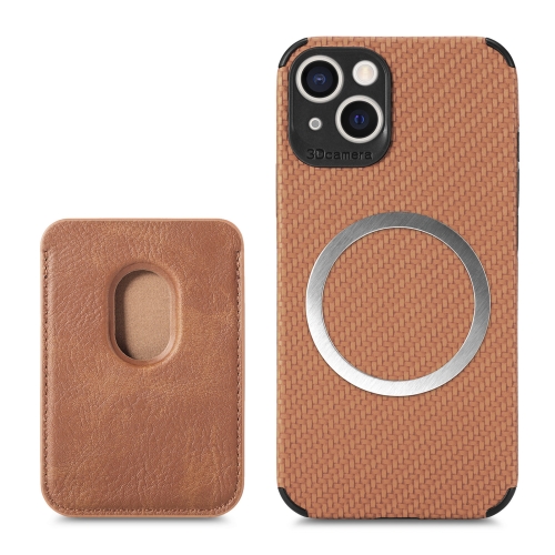 

For iPhone 14 Plus Carbon Fiber Leather Card Magsafe Case (Brown)