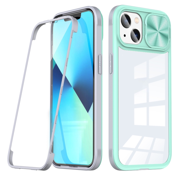 

For iPhone 14 Plus 360 Full Body Sliding Camshield Phone Case (Green Grey)