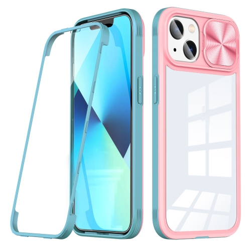 

For iPhone 14 Plus 360 Full Body Sliding Camshield Phone Case (Pink Green)