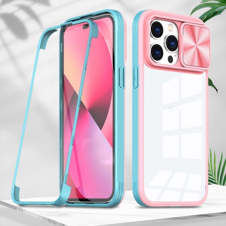 

For iPhone 14 Pro Max 360 Full Body Sliding Camshield Phone Case (Pink Green)
