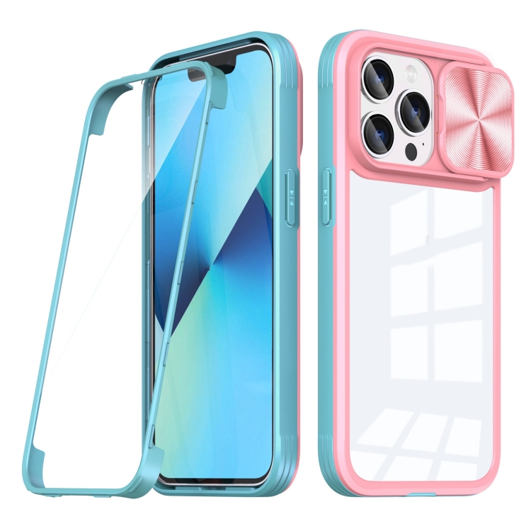

For iPhone 13 360 Full Body Sliding Camshield Phone Case Pro Max(Pink Green)