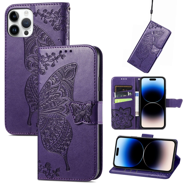 

Butterfly Embossing Leather Case For iPhone 14 Pro(Dark Purple)