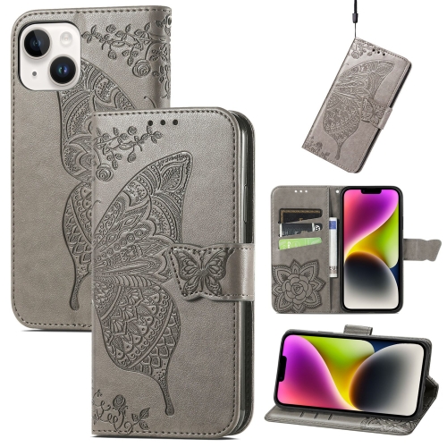 For iPhone 14 Plus Butterfly Embossing Leather Case (Grey)