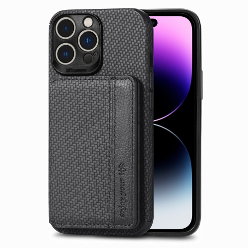 

For iPhone 14 Pro Max Carbon Fiber Magnetic Card Bag Phone Case (Black)