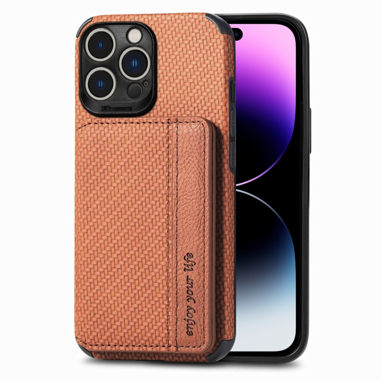 

Carbon Fiber Magnetic Card Bag Phone Case For iPhone 14 Pro(Brown)