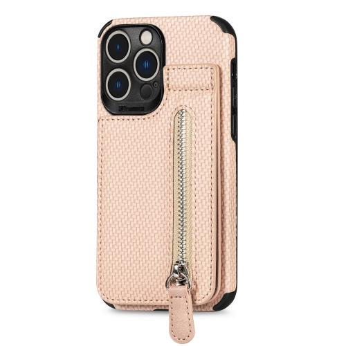 

For iPhone 14 Pro Max Carbon Fiber Vertical Flip Zipper Phone Case (Khaki Apricot)