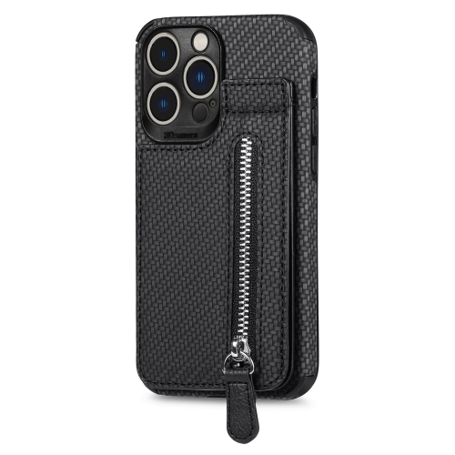 

For iPhone 14 Pro Carbon Fiber Vertical Flip Zipper Phone Case(Black)