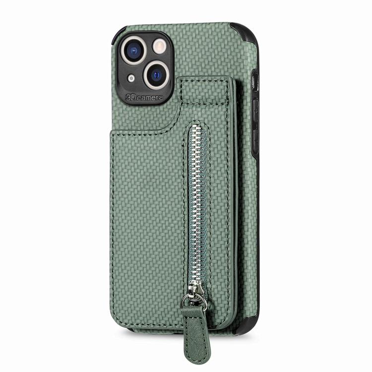 

For iPhone 14 Plus Carbon Fiber Vertical Flip Zipper Phone Case (Green)