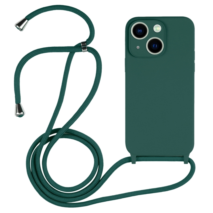 

For iPhone 13 Crossbody Lanyard Liquid Silicone Case(Pine Needle Green)