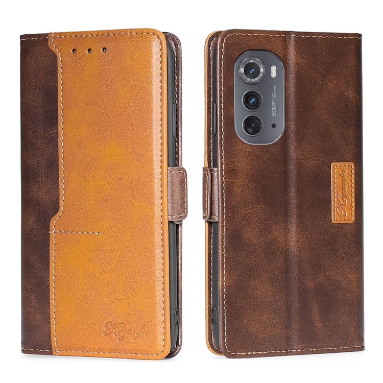 

For Motorola Edge 2022 Contrast Color Side Buckle Leather Phone Case(Dark Brown + Gold)
